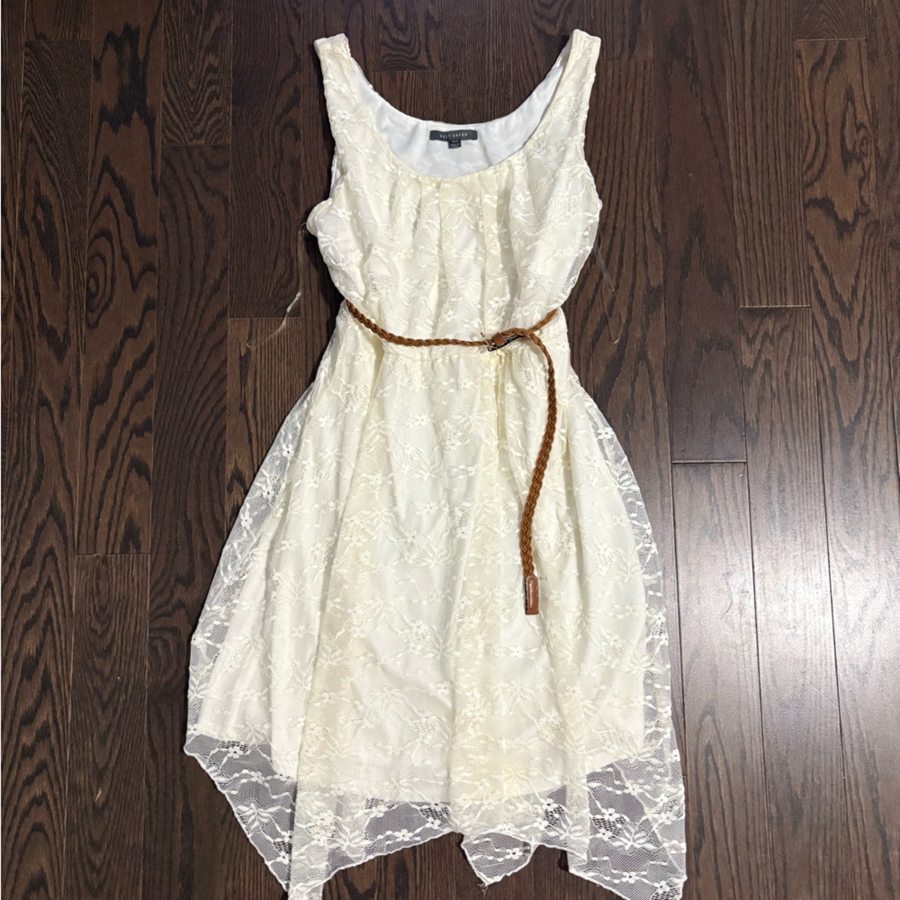 Suzy Shier Ivory Lace Dress with Brown Belt